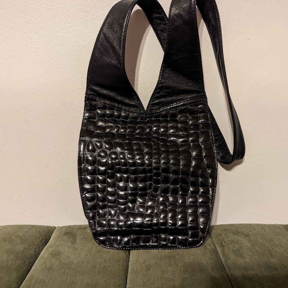 St. Maarten Dallas Handcrafted black patent Croco textured leather purse bag